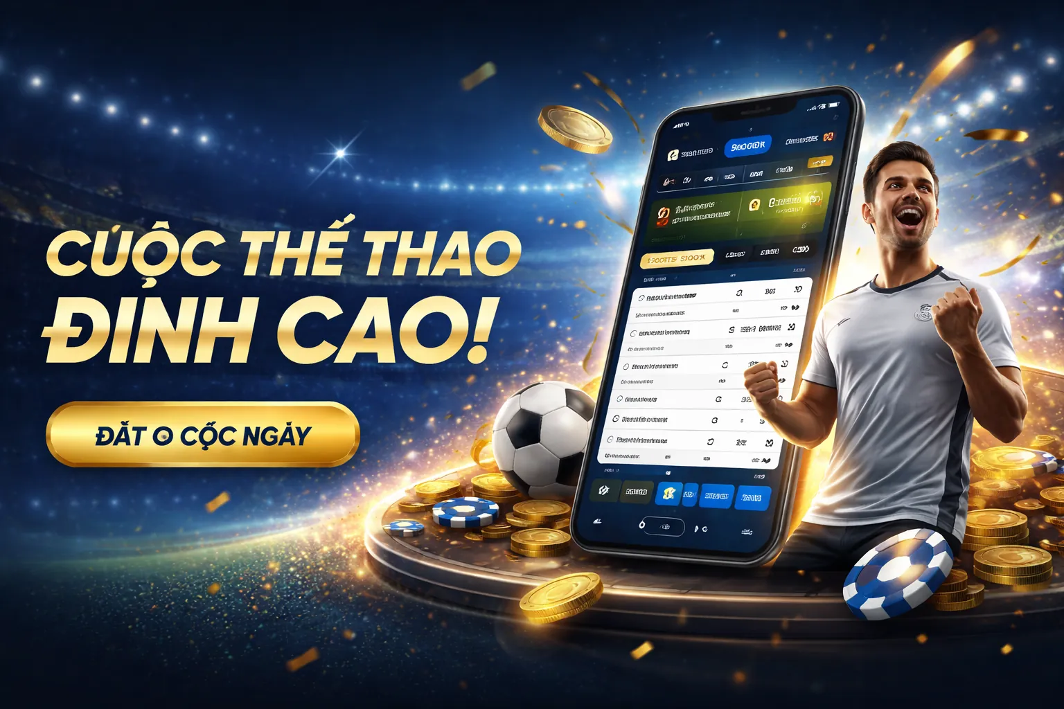 Sân vận động lớn với các cầu thủ đang thi đấu, ánh đèn rực rỡ, logo Sun88 nổi bật, không khí cá cược sôi động, màu đỏ và vàng chủ đạo.